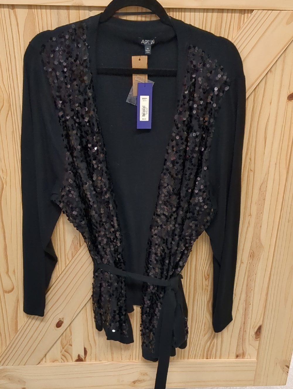 Apt. 9 Black Sequin Open Front Cardigan with Waist Tie